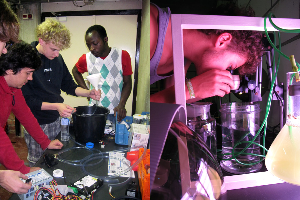 Biomodd Workshop Sint-Niklaas, 2010. Participants exploring the water cooling system and algae culture.