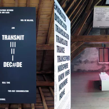 First Room for MELiSSA, 2010 (with Tine Holvoet). Text-based installation reflecting on the future of humanity in outer space. The installation was set up in the attic of the oldest building in Sint-Niklaas, the Walburg Castle.