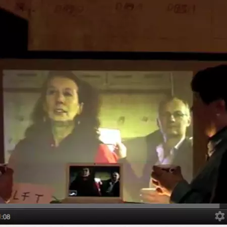 Chatting away with several people at the same time in two locations that are part of three.